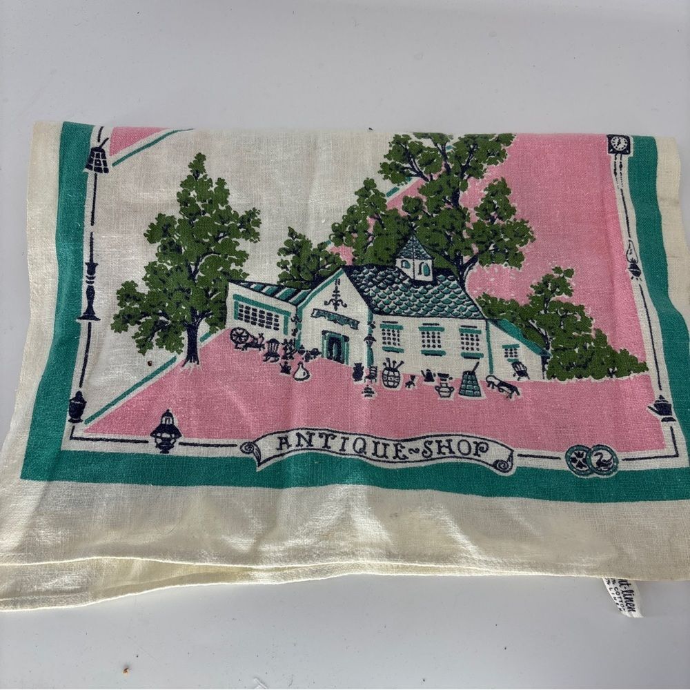 Antique Shop Kitchen tea towel with Pink and Green Design linen cotton